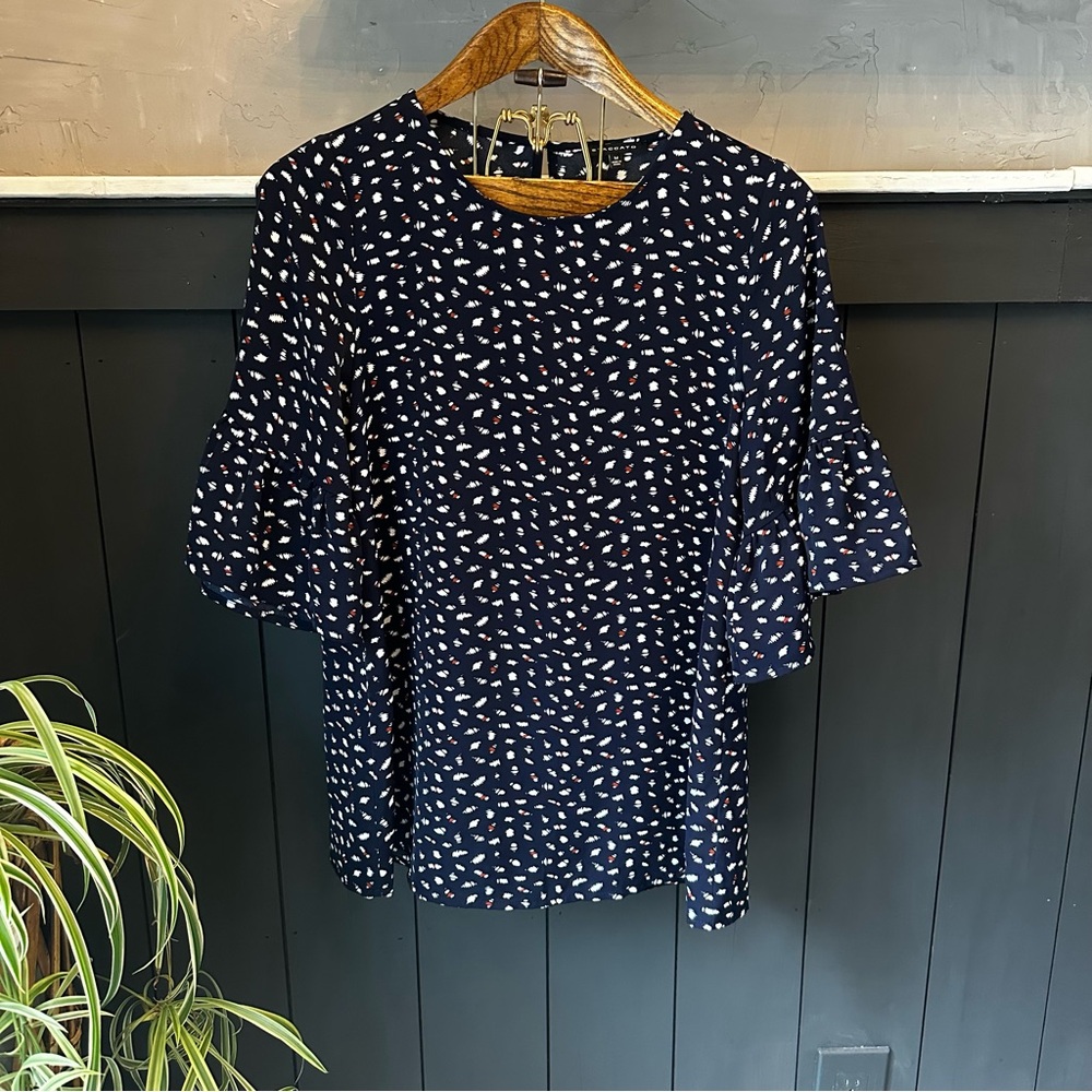 Staccato Navy Blue Patterned Keyhole back Women's Top Boho Hippie Size Medium